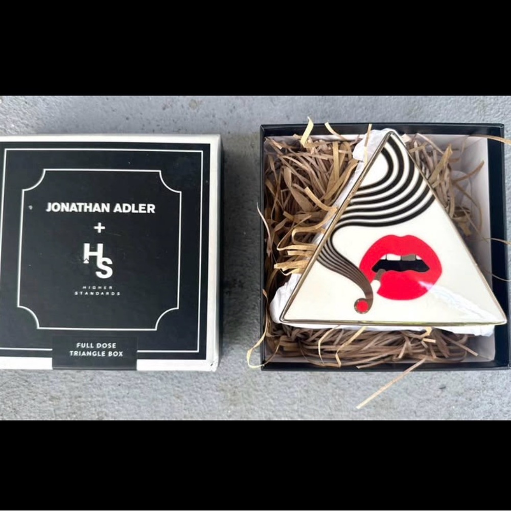 Jonathan Adler Porcelain Triangle Trinket Box with Lip Motif - White, Red, Gold